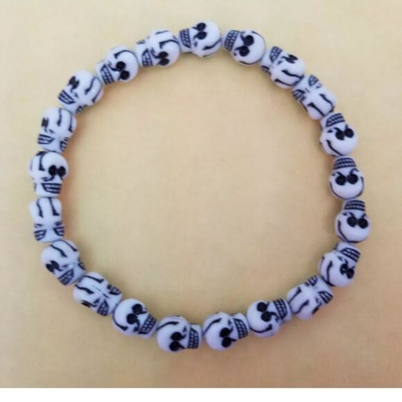 Halloween WHITE SKULL BRACELET Stretch Wristband Unisex One Size happy boho - Picture 9 of 16